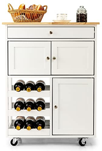 GOPLUS Carro Cocina con Estanterías, Mesa Bar con Botellero y 2 Armarios, Multifoncional Isla de Cocina con Ruedas de Goma y MDF, para Cocina, Sala de Estar, 67 x 37 x 86 cm (Blanco)