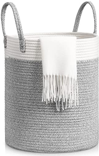 Laundry Basket, Toy Storage Basket for Kids Baby, Grey+White (35x40cm) | Large Foldable Woven Storage Baskets Cotton Rope Blanket Baskets with Handle,Organiser Nursery Decor Laundry Hamper