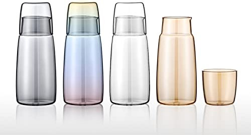 Nachttisch-Wasserkaraffe Glas-Set, 750ml Krug und Becher aus Verdicktem Glas, Wasserkrug mit Glasbecher für Schlafzimmer Badezimmer, Stilvolle Servierkaraffe Mundspülflasche Dekanter (Grau)