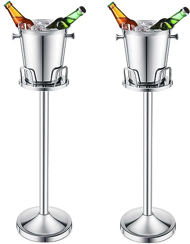 Lallisa 2 Pieces Wine Ice Bucket with Stand Stainless Steel Standing Champagne Ice Bucket Cube Container on Stand for Beer KTV Club Bar BBQ Wedding 35.8in 5L (Silver)