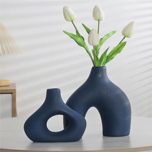 CEMABT Blau Keramikvase 2er Set für Moderne Wohnkultur, runde Matte Donut-Vasen für Pampasgras, neutraler Boho-nordischer Minimalismus-Stil Blumenvasen für Wohnzimmer Hochzeit