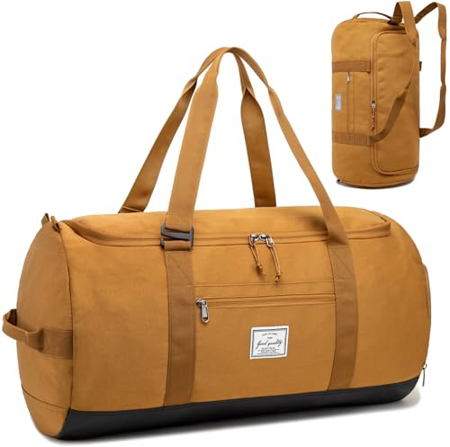 Lyweem Sports Gym Bag Men - 60L Large Travel Duffle Bag with Shoe Compartment, Weekend Holdall Bags, Overnight Duffel Bag Backpack, Brown