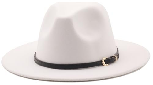 HEYANN Fedora Hut mit Breiter Krempe - Klassischer Unisex Trilby mit Gürtelschnalle für Damen und Herren - Panama Jazz Hut aus Filz (M, Weiß)