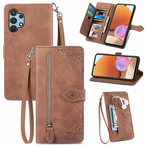 JayModCase Coque pour Samsung Galaxy A32 4G, PU Portefeuille Rabat Fermeture aimantée étui en Cuir [Antichoc TPU] [Fonction Support] [Dragonne] Étui pour Samsung A32 4G - Marron