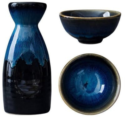 PRETYZOOM Japanisches Sake-Set aus Keramik mit Kanne und 2 Tassen | Blaues Sakegeschirr für Reiswein, Neujahr, Geburtstage und Mottopartys