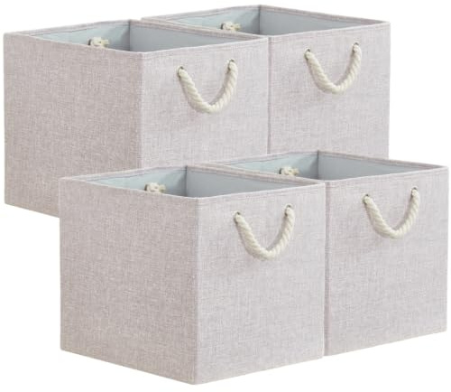 Mangata Faltbare Aufbewahrungsboxen, 33 x 38 x 33 cm Aufbewahrungswürfel mit Seilgriffen, Große Stoffbox für Würfelregal, Organizer für Kleidung, Creme