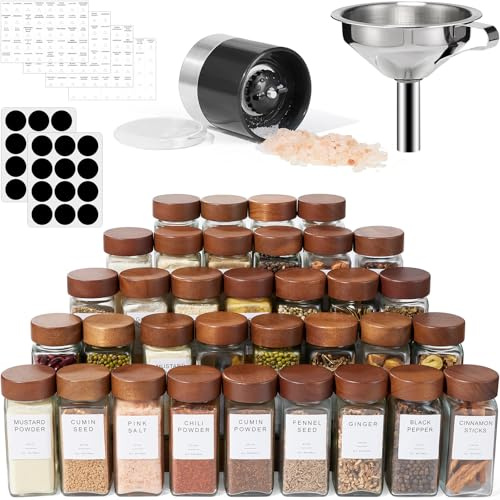 Yangbaga 34pcs Glass Spice Jars with Wood Lid&label for Kitchen | Glass Jars with Grinder&Stainless Steel Funnel for Herbs &Seasoning-Durable Spice Containers for Cooking/BBQ