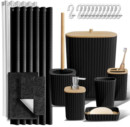 Clara Clark Bathroom Accessories Set - Bathroom Set, Bathroom Sets with Shower Curtain and Rugs, Shower Curtain Set with Bathroom Trash Can - Black - 22PC