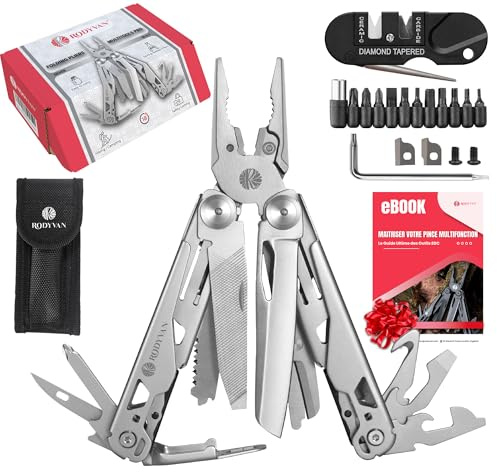 RODYVAN Pince Multifonctions 19-en-1, Outil en Acier Inoxydable avec Aiguiseur, Ciseaux, Scie, Poinçon, Lime, Décapsuleur, jeu de Tournevis. Accessoires de Survie Camping Randonnée, Cadeau pour Homme