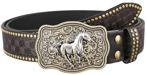 Wzhtuzi Western Gürtel für Herren und Frauen - Cowboy Gürtel mit Ledergürtel und Trachtengürtel - Pferd Ledergürtel mit Vintage Blumenmuster - Unisex - Schwarz - L