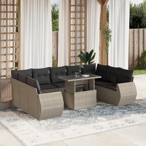 Homgoday Gartenmöbel-Set, 10-teilig, mit Kissen, hellgrau, Polyrattan, Möbeldekor, Set aus Schlafsofa, Wohnzimmer, Couch, modernes Set für Outdoor-Sofa für den Garten, Modell 3268742