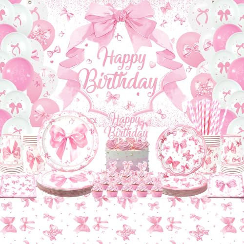 Rosa Schleife Geburtstag Dekorationen - Schleife Party Geschirr, Teller Becher Servietten Schleife Party Tischdecke Happy Birthday Hintergrund Luftballons Kuchen Topper für Kokette Dekorationen