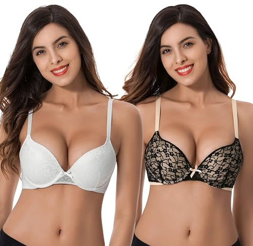 Curve Muse Taglie Forti Donna Push Up Aggiungi 1 Tazza Reggiseni in Pizzo a Forma Perfetta con Ferretto-White,Black-5F