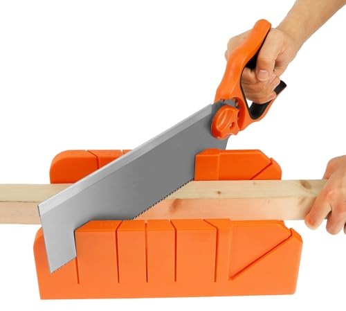 Gehrungskasten mit Säge für Holzbearbeitungsschnitte bei 22,5° 45° und 90° Kunststoff Gehrungskasten und 30cm SK5 Stahl Handsägenschneider Werkzeugset für sicheres Schneiden