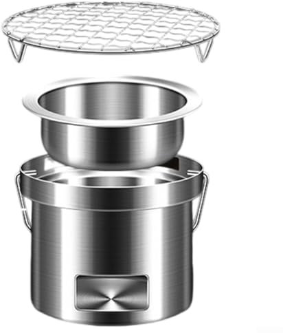 DAZZLEEX Petit réchaud à charbon de bois portable en acier inoxydable avec pieds amovibles avec grille en maille pour camping, randonnée, pique-niques