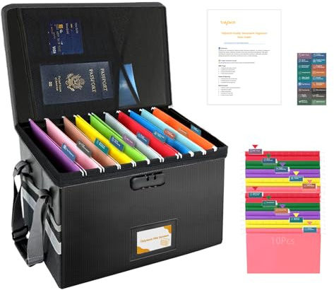 Large Fireproof Document Organiser Box,Filing Box File Storage with Lock | Important Document Storage Box Filing System for Certificates home, Portable Office Fire Safe Storage,10 Suspension Files