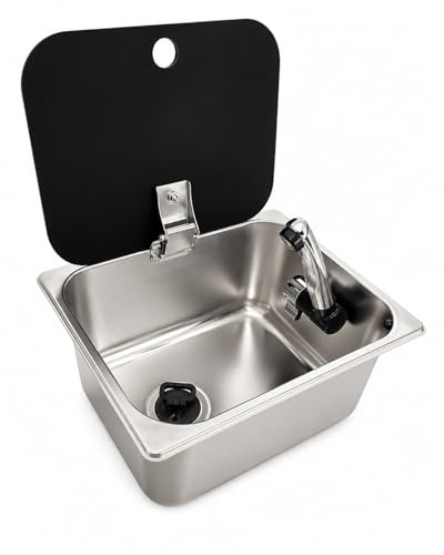 XENPER®KIT Fregadero Camper con Grifo 12V y Desagüe – Ideal para Kit Camper Furgoneta, Lavabo Caravana y Cocina Camper, Ideal para Muebles Camper (GRIFO EN EL LADO DERECHO)