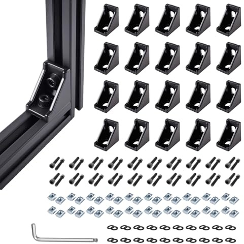 TOHIRA 20 Sets Black 2020 Series Aluminum Extrusion T-Slot Corner Bracket Kit, Includes 20pcs Right Angle Connectors Gusset, 40pcs T-Nuts and Screws, for 6mm V-Slot Profile Hardware Accessories