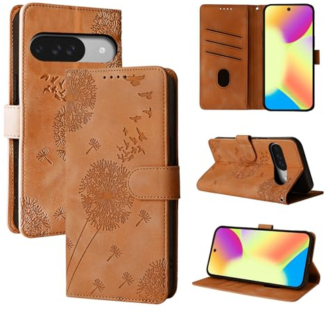 Rostsant mobiltelefonfodral för Google Pixel 10/10 Pro maskros PU-läder flip fodral plånbok fodral magnetiskt mobiltelefonfodral för Google Pixel 10/10 Pro brun