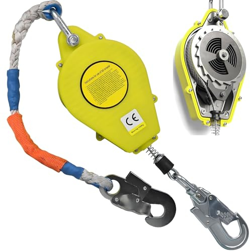 Dispositif Antichute a Rappel Automatique Certifié, 10m/15m/20m Stop Chute Harnais Rétractable Vert/Jaune, 150 KG Harnais de Securite Anti Chute pour Toiture et Travail en Hauteur (Jaune, 10m)