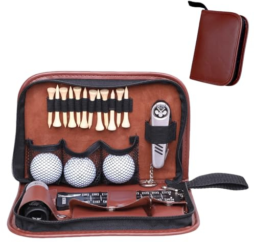 VELAJA Kit Accessori da Golf Uomo Donna, Borsa Multifunzionale 7 in 1 con Tasca in PU, Regalo per Golfista Completo con Spazzola Pulizia, RaccogliPalle, Forchetta da Green