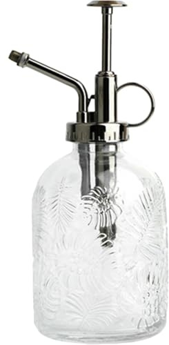 LABRIMP Regadera de Vidrio para Plantas 350 Ml Boquilla de Cobre Antigua y Diseño de Hoja Monstera, Pulverizador de Agua para Jardinería Interior y Exterior, Botella Rociadora