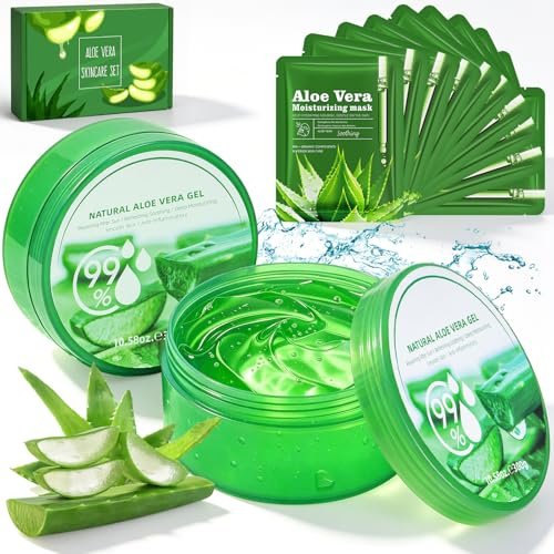 aloe vera gel puro 2 x 300g + 10 Mascarillas, gel aloe vera puro para rostro, cuerpo y cabello, after sun hidratación exposición, vegano aloe puro, set de regalo para hombres mujeres