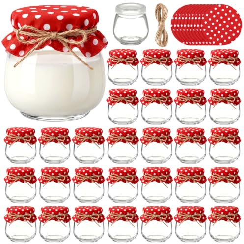 LemonRoad 30 Pcs 3.4 Oz Glass Jars, Lids,Circle,Red and White Polka Dots