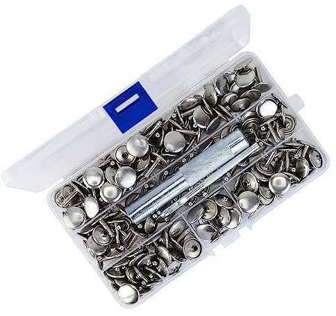 Trimming Shop 100 Set Leather Rivets Kit, 9mm Silver Double Cap Rivets Tubular Metal Studs with 3 Fixing Tools for DIY Leather Crafts Clothing Repair Bags Shoes Decoration
