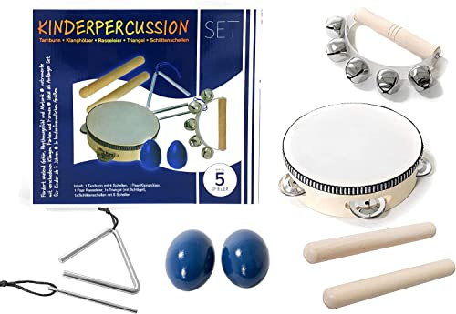 Lot de 8 instruments de percussion pour enfants en bois composé de tambourin, triangle, shaker à œufs, etc. - Pour l'éducation musicale précoce