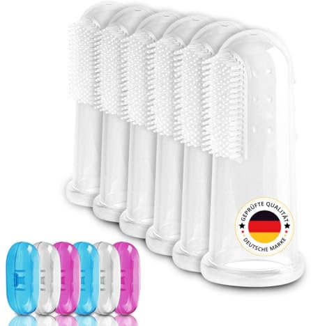 O³ Fingerzahnbürste Baby, 6 Stück mit Transportboxen, Mundpflege Bürste aus BPA-freiem Silikon, Finger Toothbrush, Zahnpflege Fingerling ab 6 Monaten, Babyzahnbürste zur Reinigung und Massage