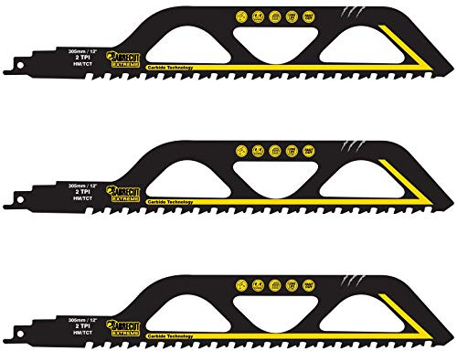 SabreCut 3pcs SCRS1243HM_3 305mm 2 TPI S1243HM Säbelsägeblätter | Wolframcarbid-Zähne bieten langlebige Schneidleistung in Mauerwerk und Baustoffen