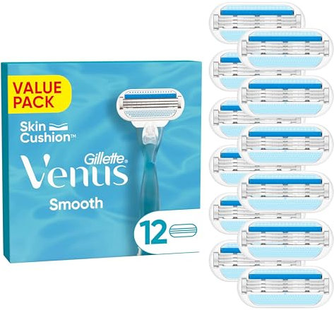 Gillette Venus Smooth Damenrasierer Ersatzklingen, Set von12, mit 3 sich der Körperkontur anpassenden Klingen, umgeben von Schutzkissen