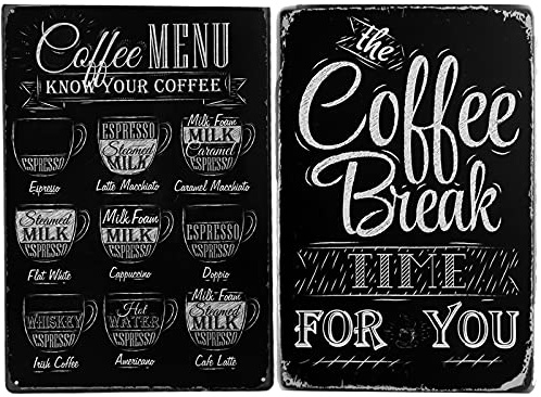 Dancepandas Kaffee Blechschilder 2 Stück Metallschilder Vintage Kaffee Poster Ohne Rahmen Coffee Menu Poster für Bar Cafe Kneipe Küche