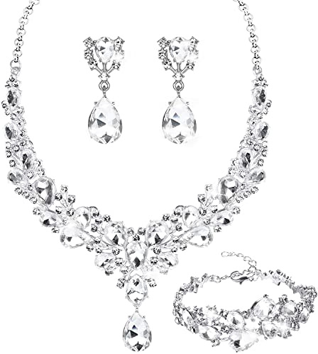 MILACOLATO Juegos de Joyas para Mujer Collar de Diamantes de Imitación Pendientes Pulsera para Novias Dama de Honor Lágrima Racimo Cristal Conjunto de Joyería para Mujer