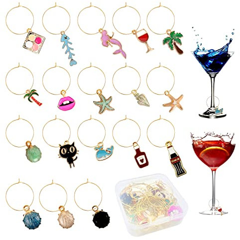 Segnabicchieri Charms Per Bicchiere Di Vino Etichette Per Bicchieri Da Vino Con Anelli 18pezzi Ciondoli Per Distinguere i Bicchieri Da Vino Per Cocktail e Bevande Per Champagne Per Feste Di Compleanno