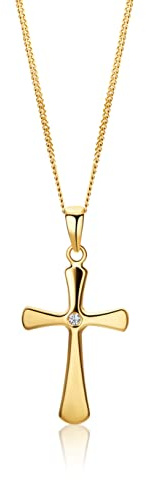 OROVI Kette Gold -9K (375) Gelbgold– Kreuz Kette, Halskette Damen, Kreuz Anhänger mit natürlichem Diamant, Kreuzkette, Hypoallergene Goldkette 45 cm, Schmuck Damen, Gold Schmuck, mit edler Schmuckbox