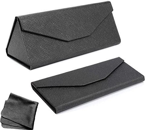 Faltbares Sonnenbrillenetui, dreieckiges faltbares Brillenetui mit Reinigungstuch, PU-Leder-Brillenetui, Hartschalen-Brillenetui für Grill, Damen, Herren, Schwarz , fold size: 6.3*2.76*0.4, expand