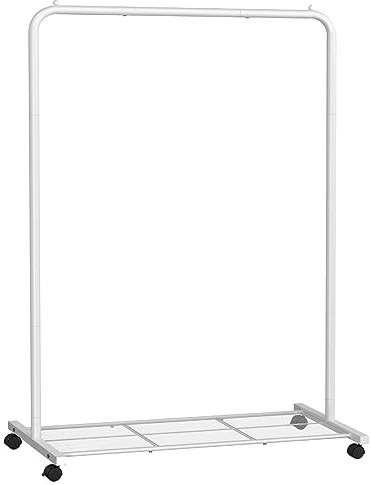 SONGMICS Clothes Rack with Wheels, Clothing Rack for Hanging Clothes, 25.4 mm Metal Garment Rack with Dense Mesh Storage Shelf, 110 lb Load Capacity, 2 Brakes, Cloud White UHSR025W01