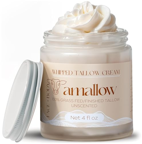 Amallow 100% Grass Fed Beef Tallow for Skin Care - Face + Body - Whipped Moisturizer for Sensitive Skin - Natural Lotion, 4 FL. oz. (Unscented)