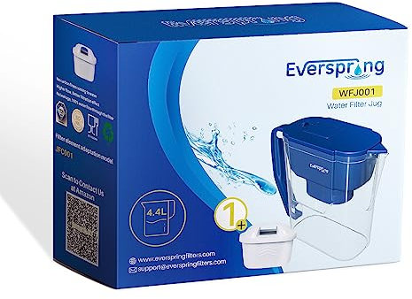 EVERSPRING Jarra con filtro de agua con 1 filtro, compatible con cartuchos de filtro de agua Brita, gran capacidad 4,4 L, reduce depósitos de cal y cloro