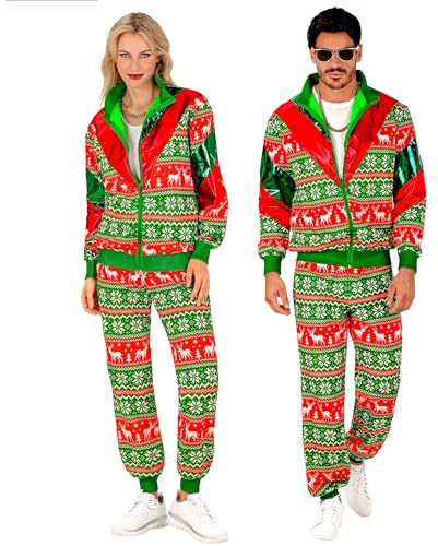 W WIDMANN MILANO Party Fashion - Tuta da ginnastica con motivo natalizio, Merry Christmas Party, costume di Natale, Xmas, outfit anni '80