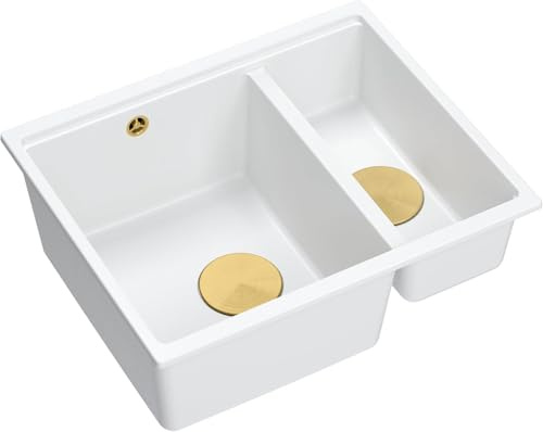 QUADRON Doppelbecken-Spüle Spülbecken Küchenspüle | Größe 55,5 x 46 x 22 cm, Weiß & Gold Pvd | LOGAN 150 Granit Granitspüle | Doppelbecken Spüle Küche | Schrankunterbau ab 60 cm | Unterbaubecken