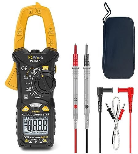 PCWork Professionell strömtång AC DC PCW05A, TRUE RMS tångmultimeter, strömmättång 600A, digital multimeter auto-range, 6000 räkningar tvåfärgad LCD-skärm, tångamperemeter, amperetång,