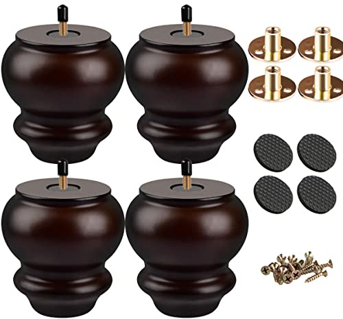 Btowin 3 inch Solid Wood Spool Furniture Legs with M8 Bolts, Walnut, 4-Pack | Classic Design with 400lbs Capacity, All Mounting Hardware included for Easy DIY Install on Sofas, Couches and Ottomans