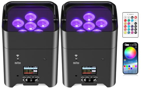 U`King 2er 108W APP akku led par Scheinwerfer strahler wiederaufladbarer, RGBWA+UV disco licht Bühnenlicht mit mit Fernbedienung, unterstützt 2,4 GHz/DMX-Steuerung für DJ Party Hochzeiten