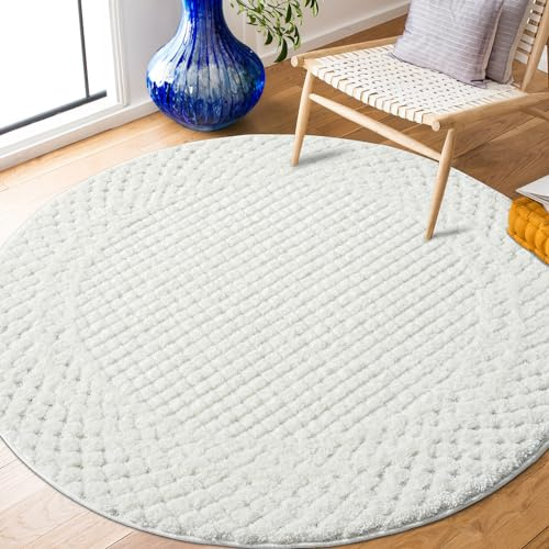 payé Teppich Rund - 160x160cm - Hochflor - Boho - Pastell Creme Grau - Einfarbig - Modern Raute Muster- Skandinavisch Flauschig Weich - Schlafzimmer Dekoration