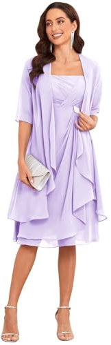 Lot de 2 robes de mère de la mariée en mousseline de soie à manches courtes avec veste, lilas, 38