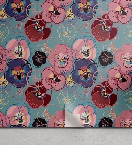 Ambesonne Floral Peel & Stick Wallpaper for Home, Romantic Abstract Bunch of Pansies in a Delicate Dance of Colors, Self-Adhesive Living Room Kitchen Accent, 33 cm x 90 cm, Blush Quartz and Blue Grey