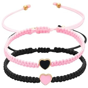 Joiigaem Colorful Heart Beaded Matching Bracelets Adjustable Set of 2 Couples and Friendships Bracelets for BFF Friendship Relationship Jewelry Gifts (Black Pink)
